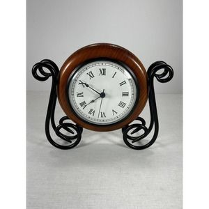 Quartz Mantel Shelf Tabletop Wall Clock Black Wrought Iron & Wood Frame